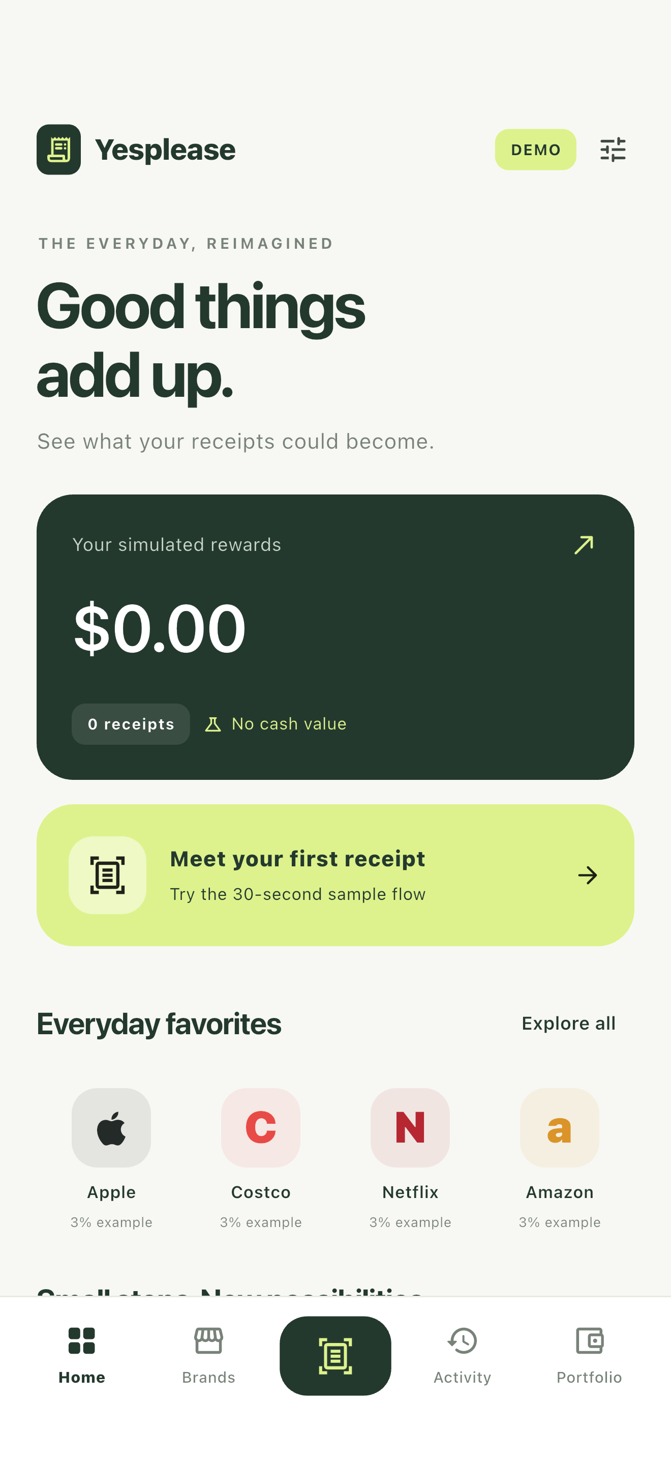 Yesplease app home showing clearly labeled simulated rewards and example brands