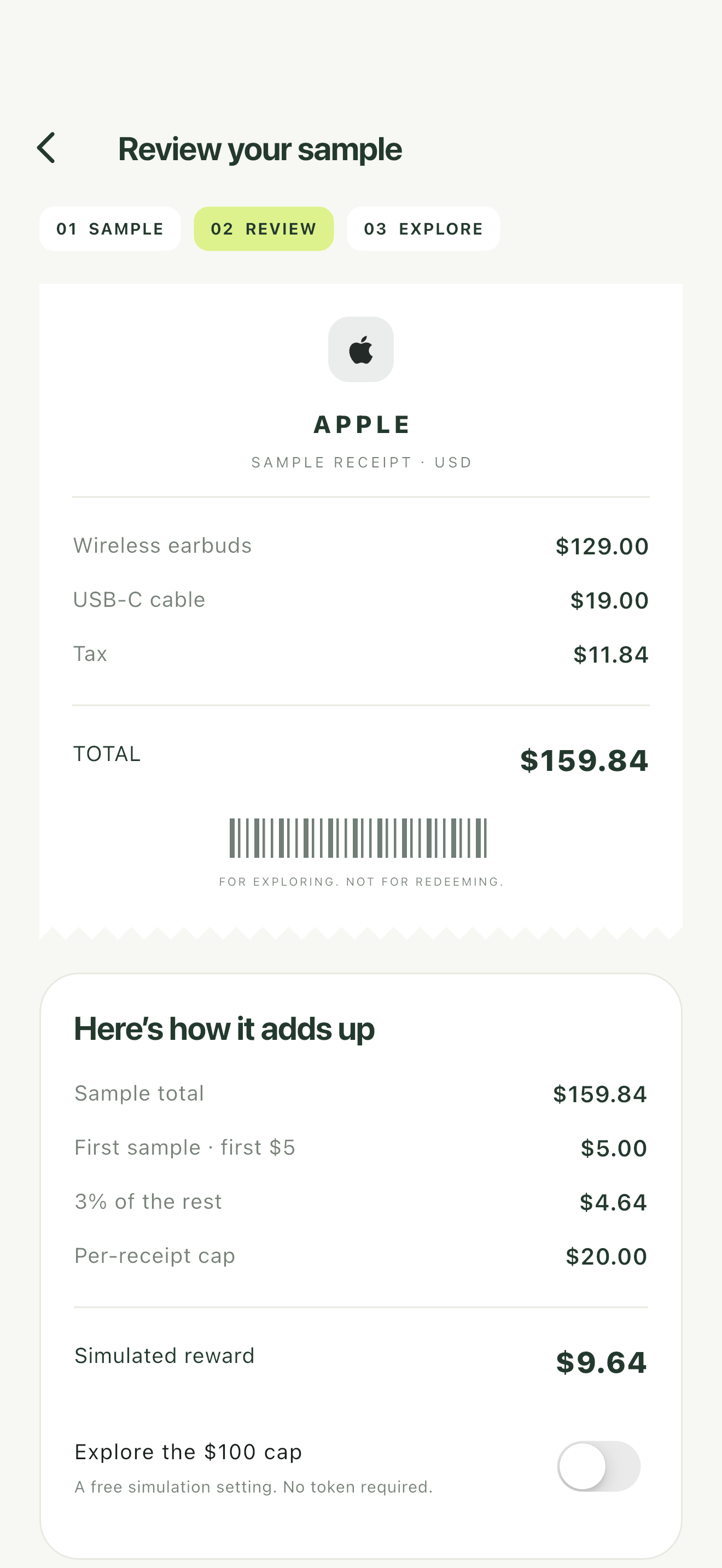 A built-in sample receipt in the Yesplease app